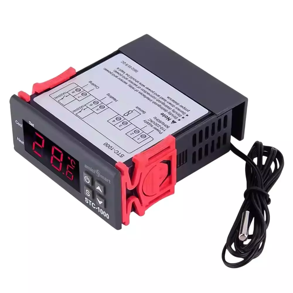 amiciSmart Digital Thermostat 24 VDC Temperature Regulating Device 10 A with NTC Sensor for Incubator, STC-1000
