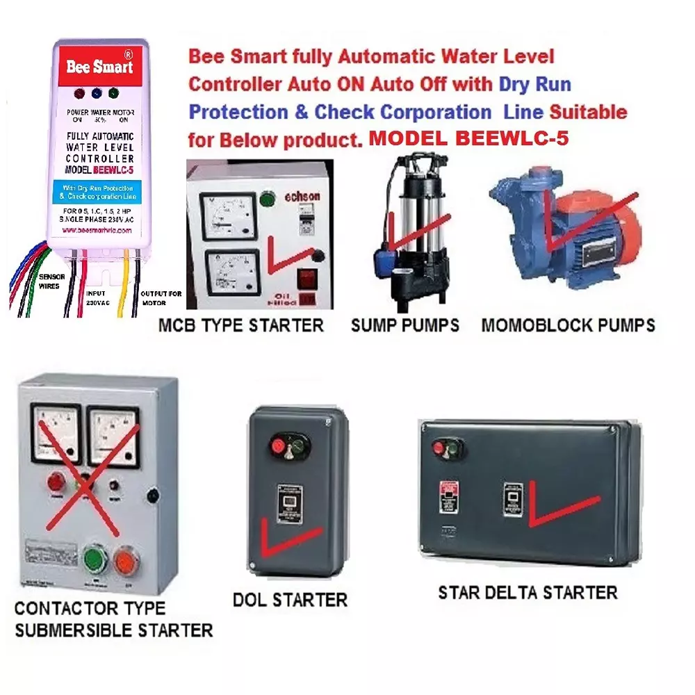 Bee Smart Fully Automatic Water Level Controller 190 to 250 V AC for Up to 0.5 / 1.0 / 1.5 HP Single phase, BEEWLC-5