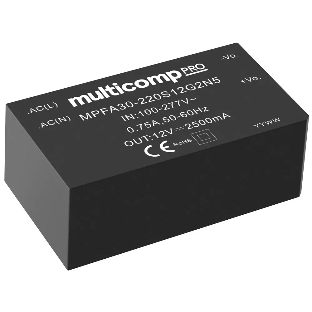 MULTICOMP PRO AC / Mount Power Supply 24 V Output 1.25 Amp Output Current 30 W Power, MPFA30-220S24G2N5