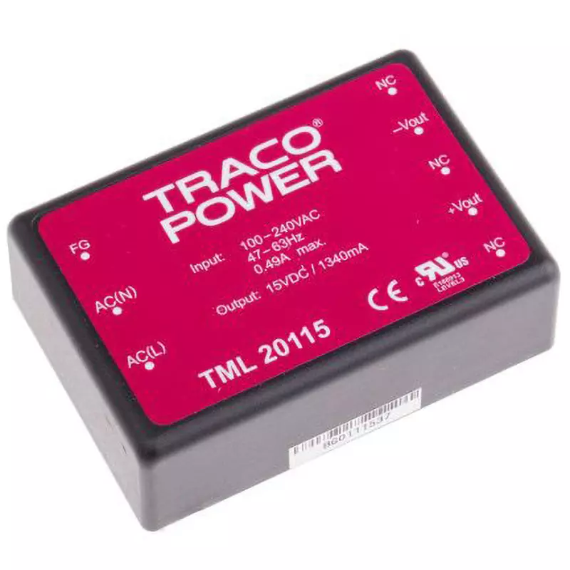 TRACO POWER Switching Power Supply 15 V DC Voltage 20 W Rated Power, TML 20115