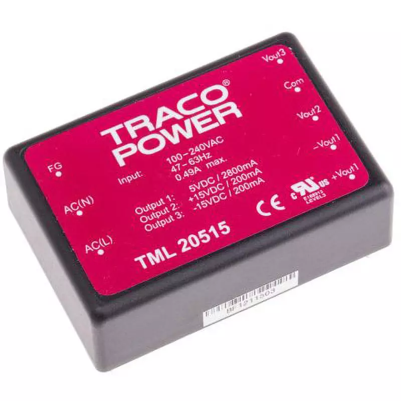 TRACO POWER Switching Power Supply 5/±15 V DC Voltage 20 W Rated Power, TML 20515