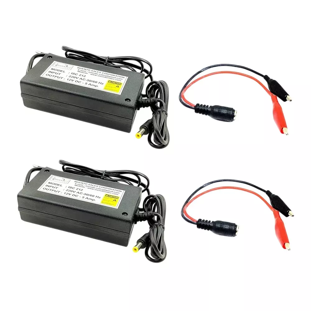 Invento DC Power Supply Adaptor 12 V 5 A 5.5x2.5 mm 60 W + 20 AWG DC Jack Silicone Wire with Alligator Clip, ISC 212-CL-1 (Pack of 2 Kit)