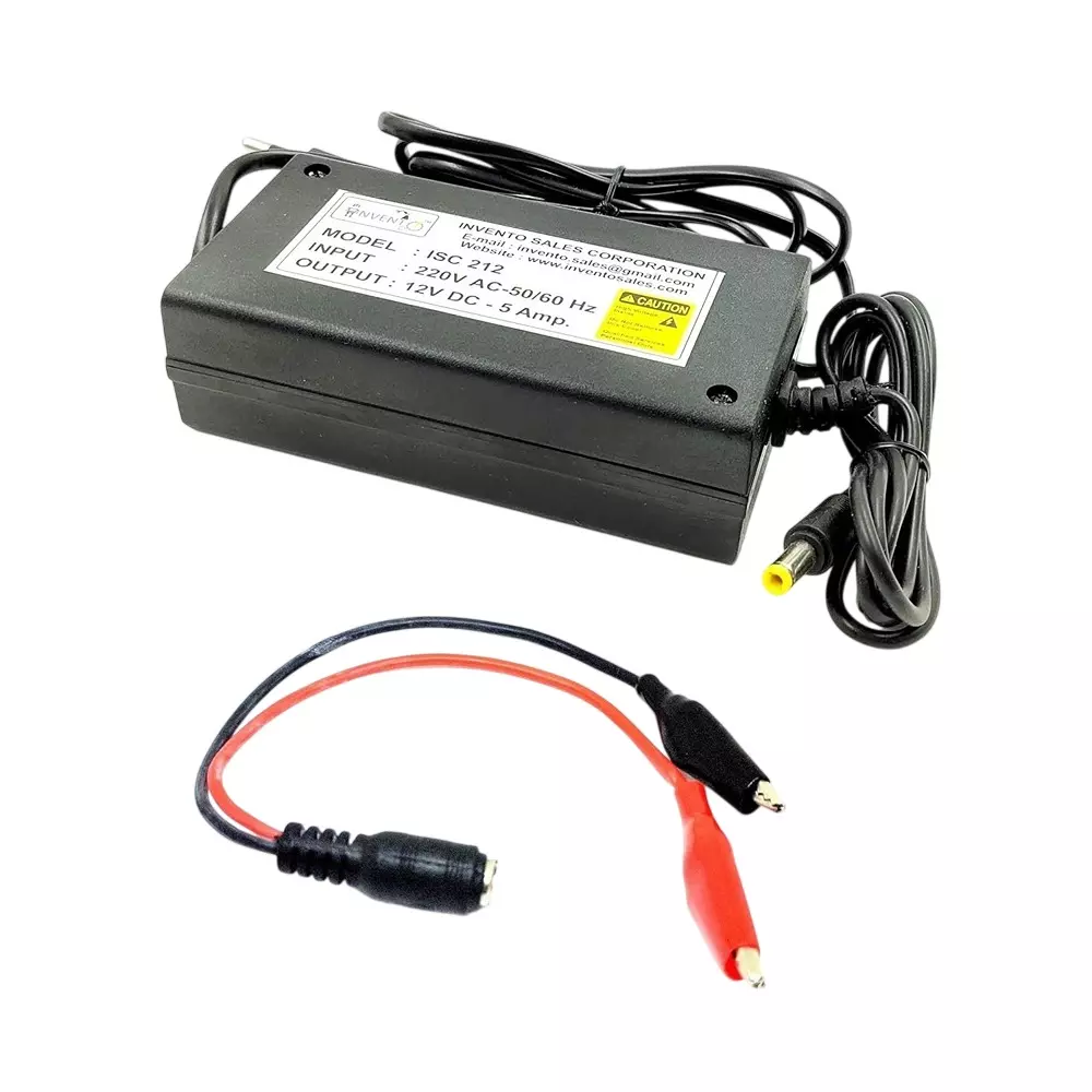 Invento DC Power Supply Adaptor 12 V 5 A 5.5x2.5 mm 60 W + 20 AWG DC Jack Silicone Wire with Alligator Clip, ISC 212-CL-2 (Pack of 4 Kit)