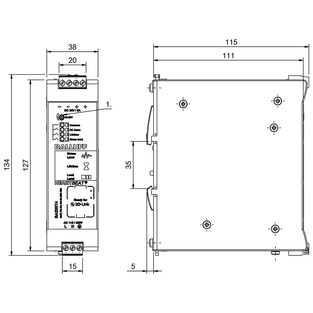 BALLUFF Heartbeat Power Supply Unit DIN Rail Mount Aluminium 5 A 120 W with IO-Link Interface, BAE00T4