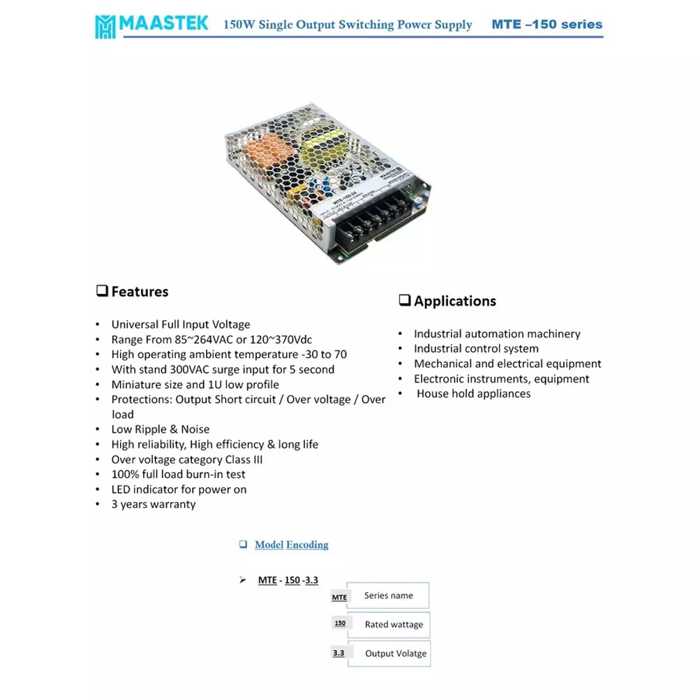 maastek-single-output-switching-power-supply-156-w-rated-power-65-a-rated-current-mte-150-24
