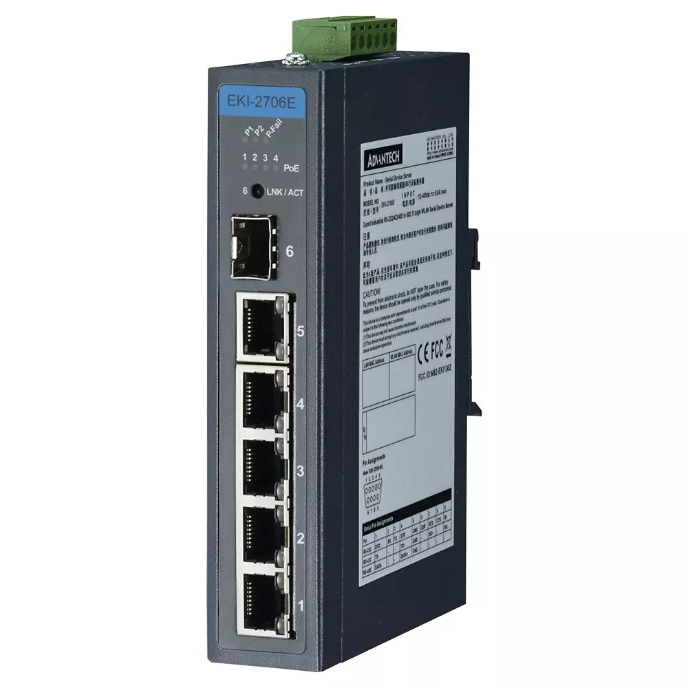 ADVANTECH Ethernet Switch, 6 Port, Din Rail/Wall, Eki-2706E-1Gfpi-Bu