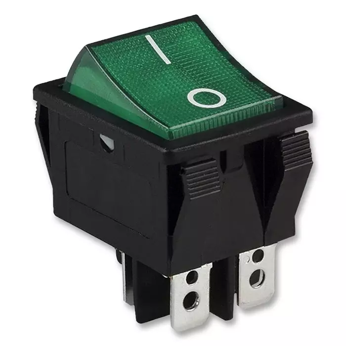 E-SWITCH SWITCH, ROCKER, DPST, 20A, 125VAC, BLACK, R5BBLKGRNFF1.