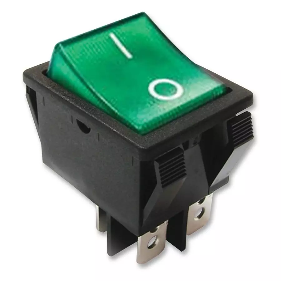 E-SWITCH SWITCH, ROCKER, DPST, 20A, 125VAC, GREEN, R5BBLKGRNFF2.