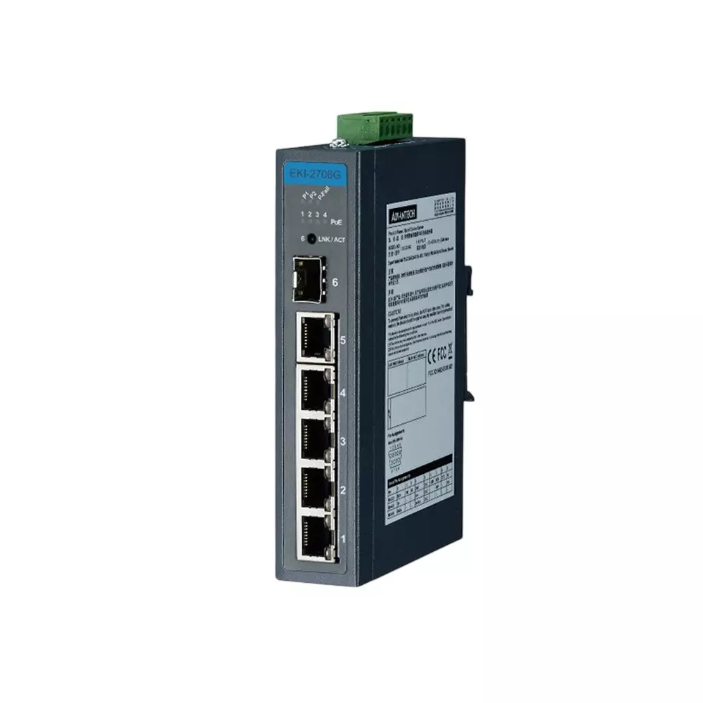 Advantech Unmanaged Industrial Ethernet Switch -40 to 75℃ Operating Temperature Range, EKI-2706G-1GFPI-BE