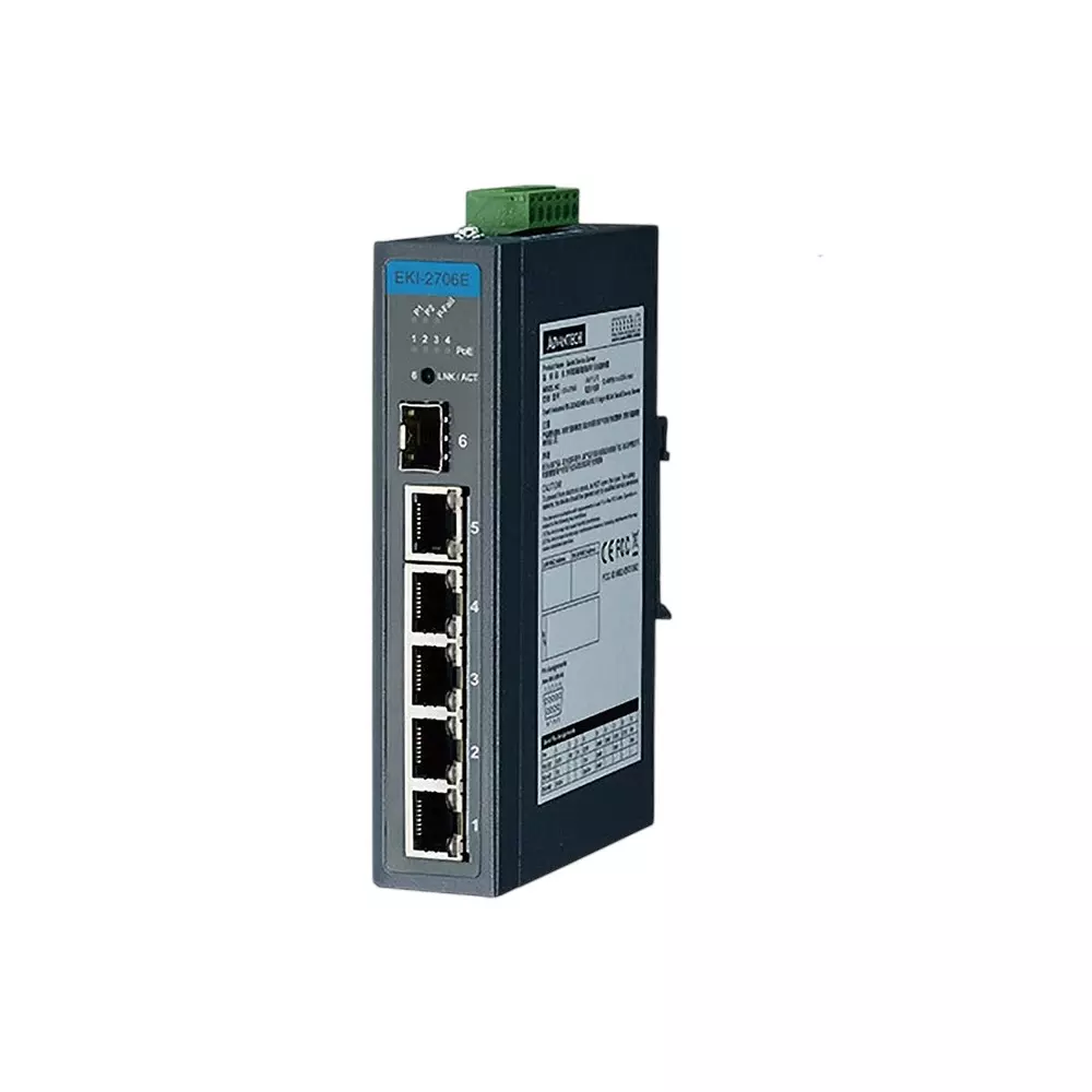 Advantech Unmanaged Industrial Ethernet Switch -40 to 75℃ Operating Temperature Range, EKI-2706E-1GFPI-BE