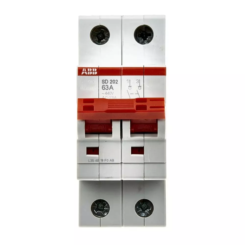 ABB 2P Pole Isolator Switch - 63A Maximum Current, 2CDD282101R0063SD202/63