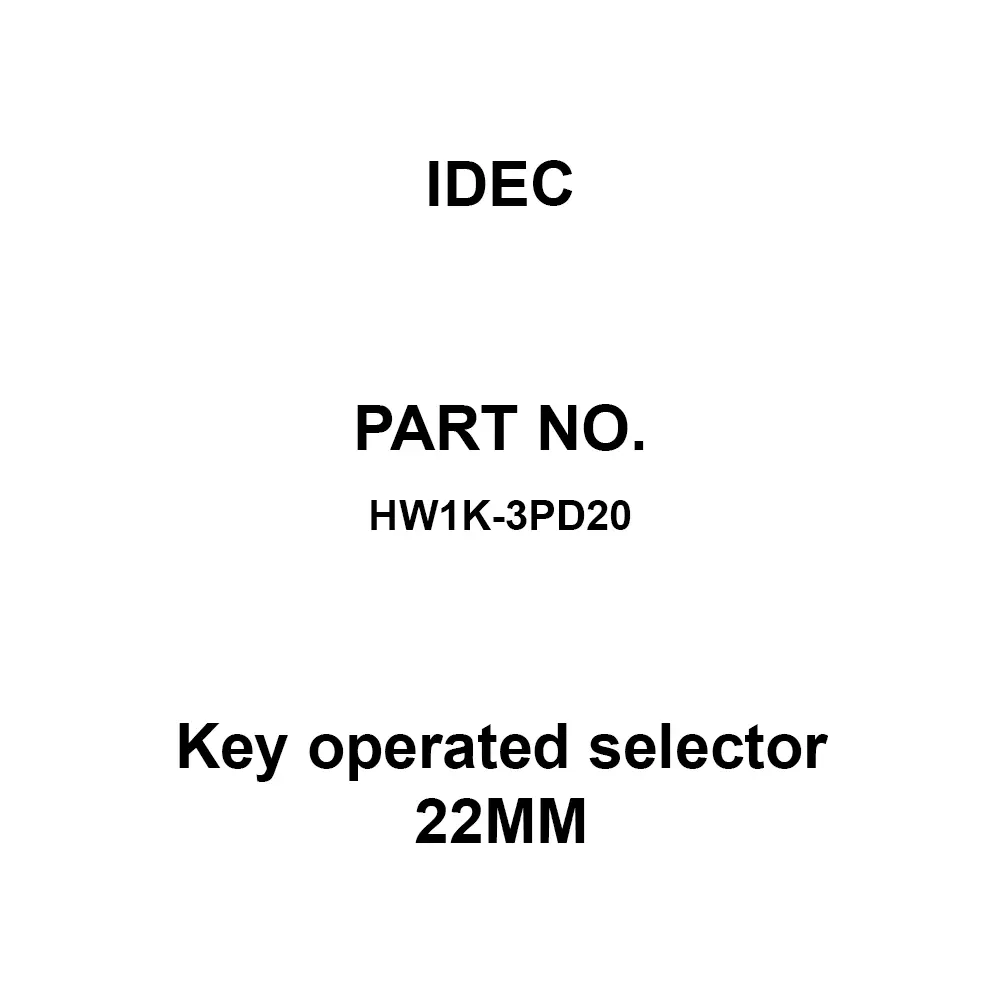 IDEC Key operated selector 22MM 600 V Silver Contacts 10A, HW1K-3PD20