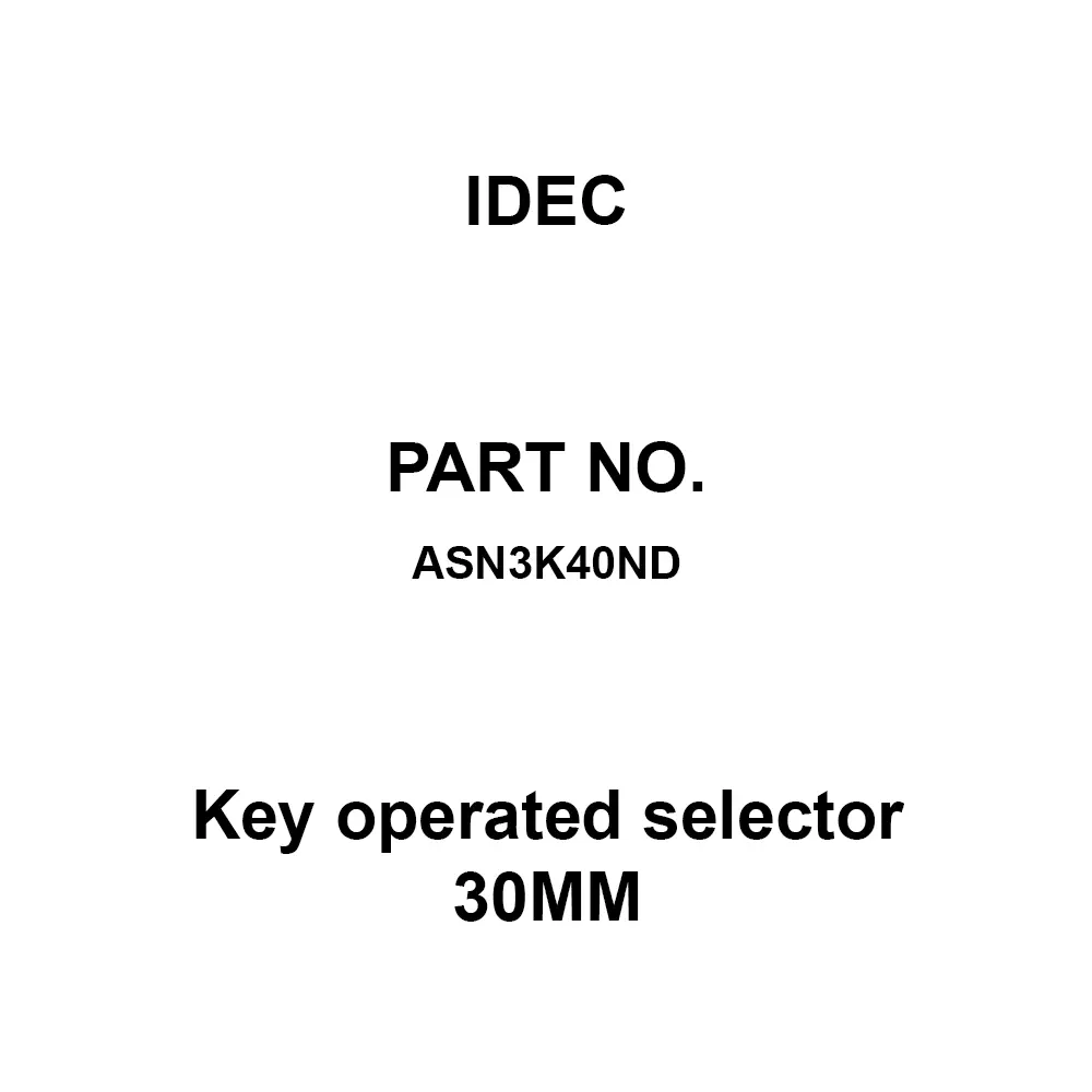 IDEC Key operated selector 30MM 600 V Silver Contacts 10A, ASN3K40ND