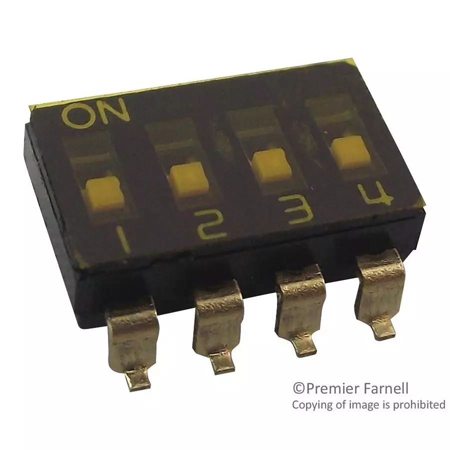 E-SWITCH DIP SWITCH, 4POS, SPST, SLIDE, SMD, KAE04TGGT.