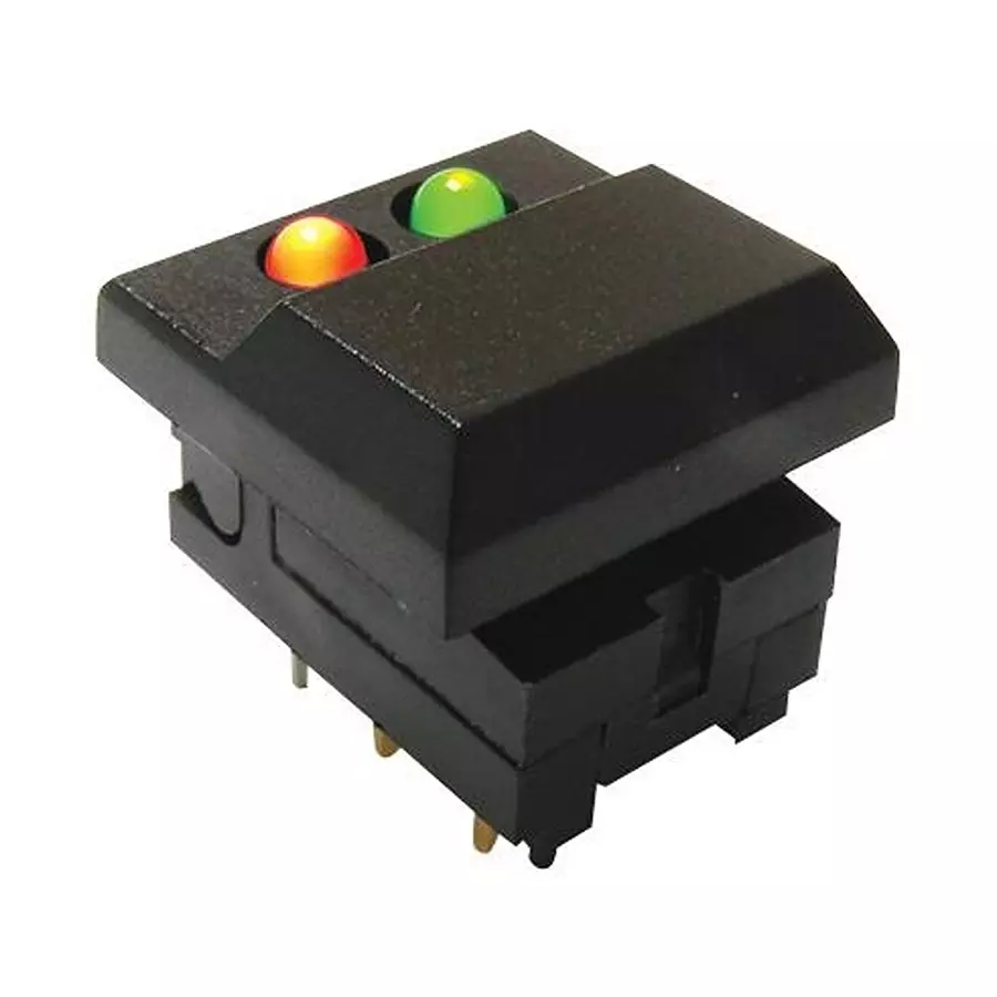 E-SWITCH PB SW, SPDT, 0.3A, 12V, GRN/RED, SOLDER, 5511MBLKREDGRN.