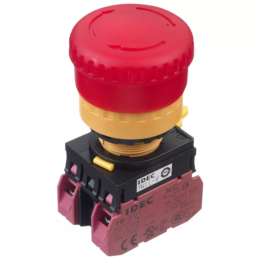 IDEC E-STOP PB SW, DPST-NC, 10A, 120V, SCREW, YW1L-V4E02Q4R