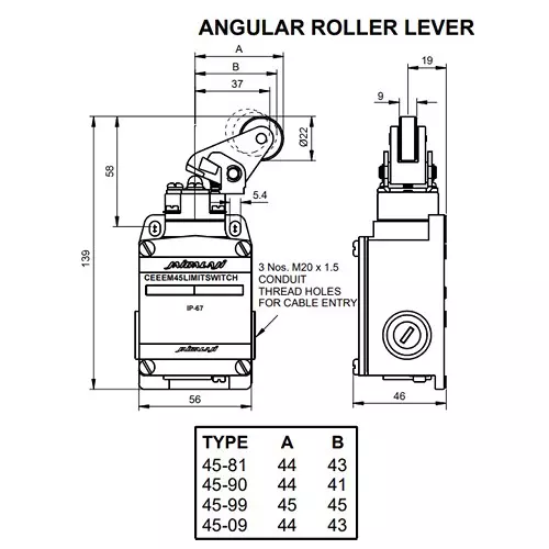 JAIBALAJI Cee EM 45 Series Limit Switch with Angular Roller Lever Normal 1NO + 1NC Contact 10 Amp Continuous current, 45-81