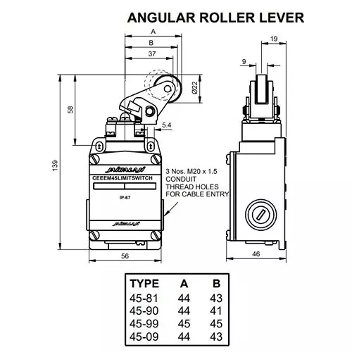 jai-balaji-cee-em-45-series-limit-switch-with-angular-roller-lever-normal-1no-1nc-contact-10-amp-continuous-current-45-81-pack-of-10