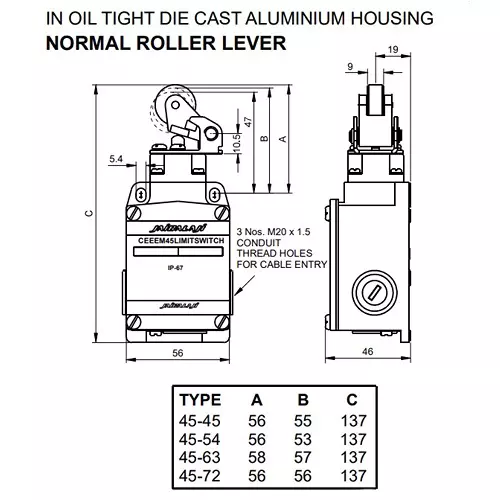 JAIBALAJI Cee EM 45 Series Limit Switch with Normal Roller Lever Overlapping 1NO + 1NC Contact 10 Amp Continuous current, 45-72