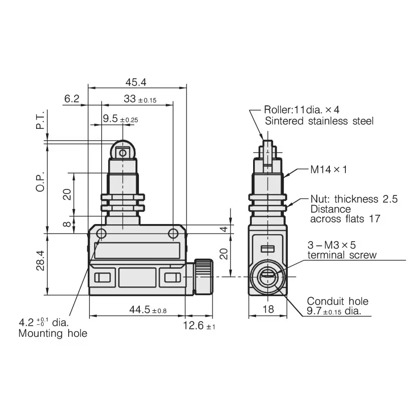 Azbil Compact Horizonal Limit Switch 11.8 N Long Roller Plunger-Without cable, SL1-EK