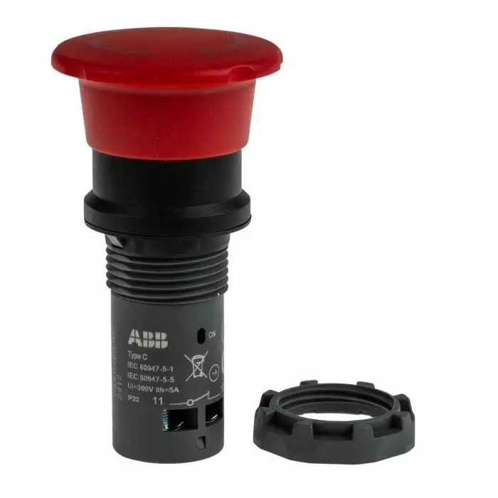 ABB CE4T Series Twist Release Emergency Stop Push Button, Panel Mount, 22.5mm Cutout, 2NC, IP66, IP67, IP69K, 1SFA619550R1051CE4T-10R-02