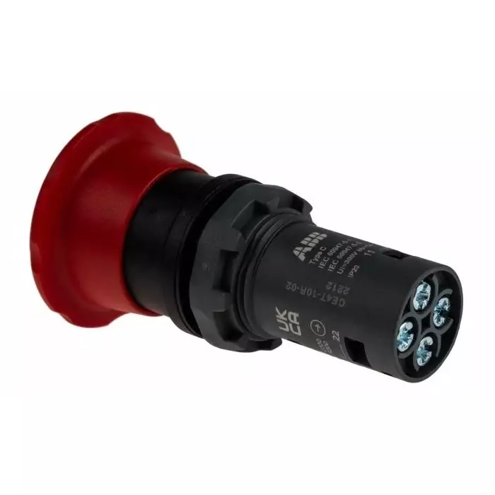 ABB CE4T Series Twist Release Emergency Stop Push Button, Panel Mount, 22.5mm Cutout, 2NC, IP66, IP67, IP69K, 1SFA619550R1051CE4T-10R-02