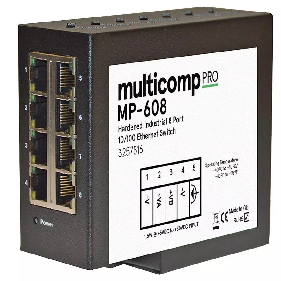 MULTICOMP PRO Ind Hardened Ethernet 8Port Switch 8 Ports No. of Unmanaged Fast Type RJ45x8 Port Types, MP-608