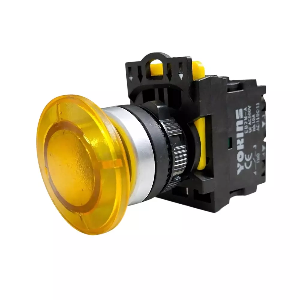 Yokins Illuminated Mushroom Push Button Switch 22 mm Mounting Hole Diameter 220 V with LED Indicator Yellow, EB2M-A-10Y-MD (Pack of 10 Pcs)