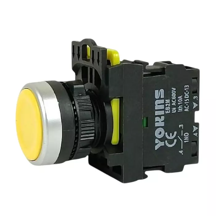 Yokins Spring Return Push Button Switch 220 V 1NO Contact 22 mm Mounting Hole Diameter Yellow, EB2M-A-01