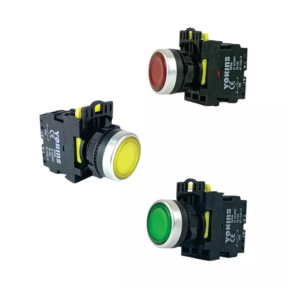 Yokins Spring Return Illuminated Push Button Switch 220 V 1NO + 1NC Contacts Mounting Hole Diameter RGY Color, EB2M-A-01D (Set of 3 Pcs)