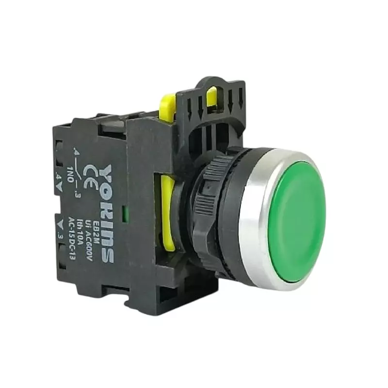 Yokins Spring Return Push Button Switch 220 V 1NO Contact 22 mm Mounting Hole Diameter Green, EB2M-A-01 (Pack of 10 Pcs)