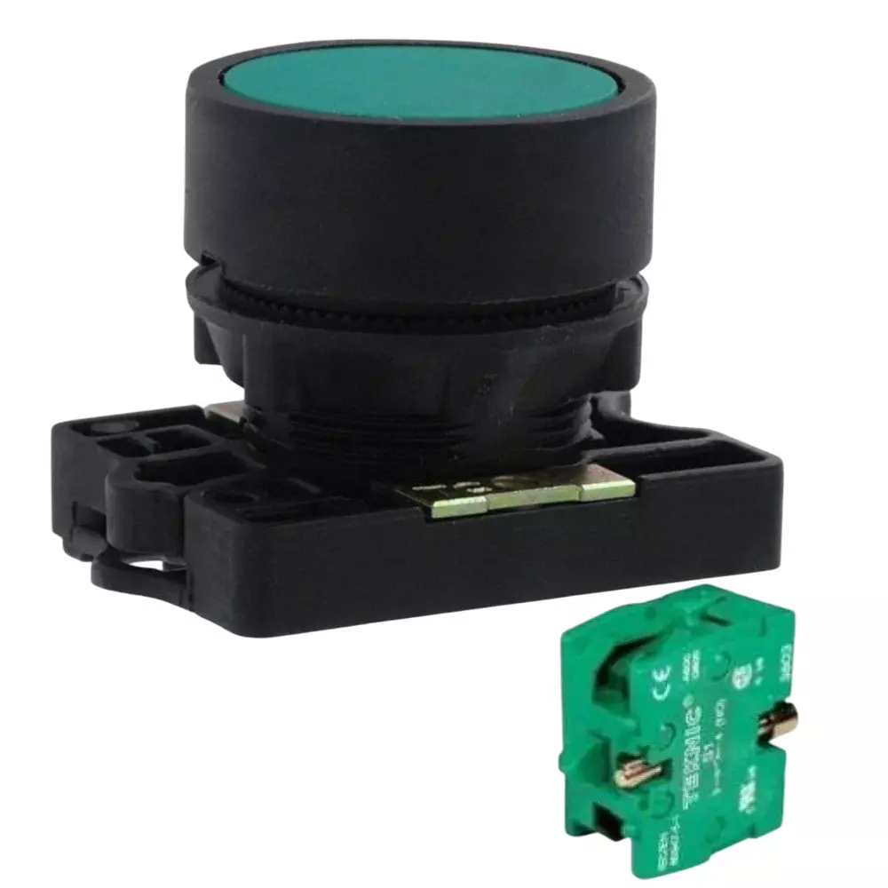C&S Electric Flush Spring Return Push Button with 1 NO Block & Carrier Green 22.5 mm Mounting Dia, RCP2-BA31