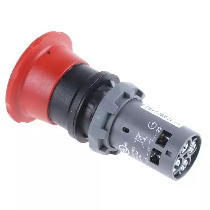 ABB 1SFA Series Twist Release Emergency Stop Push Button, Panel Mount, 22.5mm Cutout, 1 NO + 1 NC, IP66, IP67, IP69K, 1SFA619550R1071CE4T-10R-11