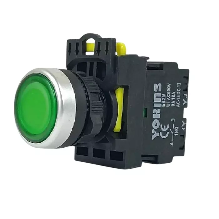 Yokins Spring Return Illuminated Push Button Switch 240 V 1NO Contact 22 mm Mounting Hole Diameter Green, EB2M-A-10D