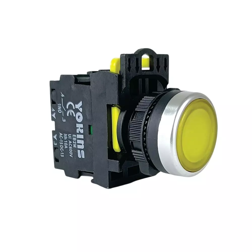 Yokins Spring Return Illuminated Push Button Switch 220 V 1NO Contact 22 mm Mounting Hole Diameter Yellow, EB2M-A-10D-Y (Pack of 10 Pcs)