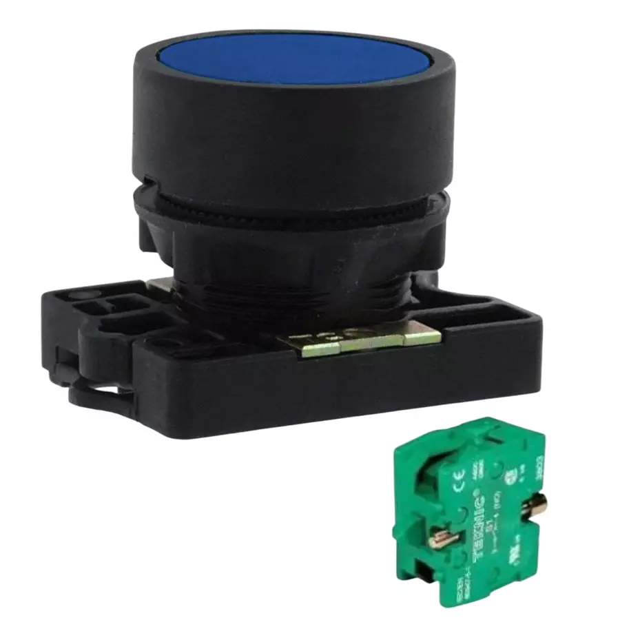 C&S Electric Flush Spring Return Push Button with 1 NO Block & Carrier Blue 22.5 mm Mounting Dia, RCP2-BA61