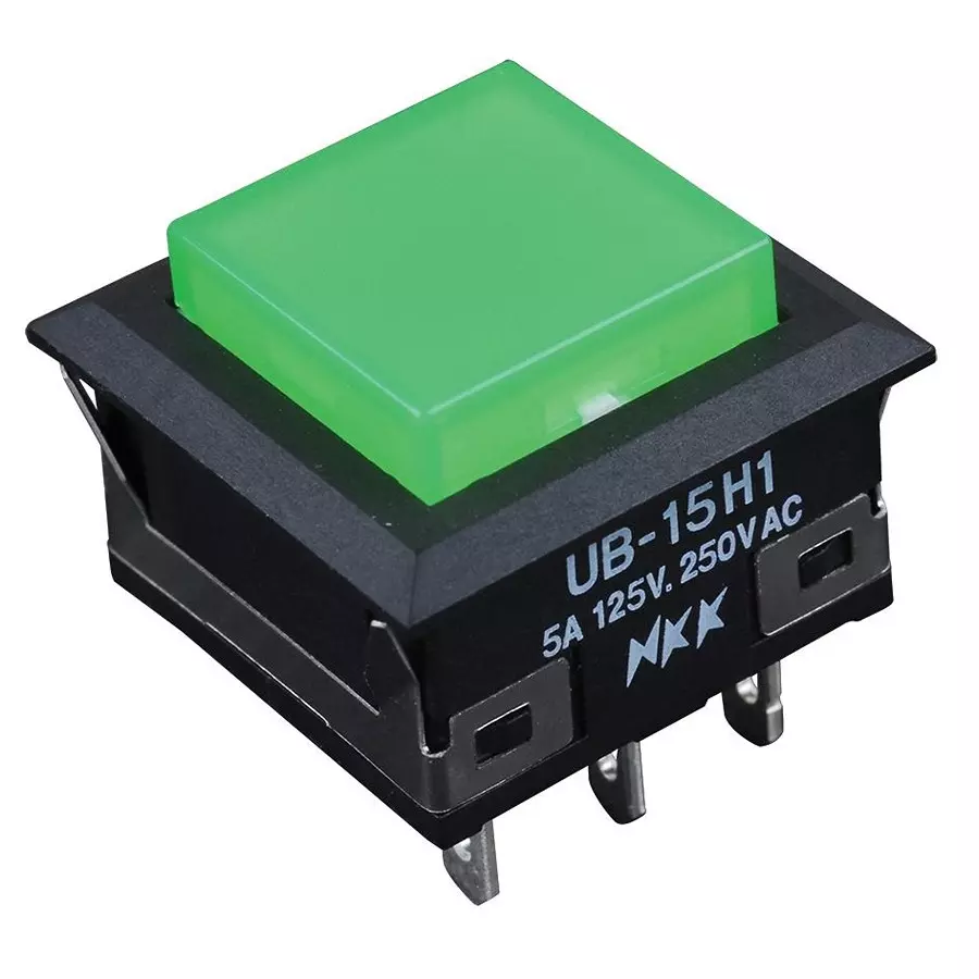 NKK SWITCHES SWITCH, PUSHBUTTON, ILLUMINATED, SPDT, 0.1A, 28V, GREEN, UB15KKW015F-FF