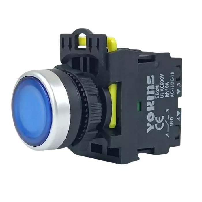 Yokins Spring Return Illuminated Push Button Switch 220 V 1NO Contact 22 mm Mounting Hole Diameter Blue, EB2M-A-10D-B (Pack of 10 Pcs)