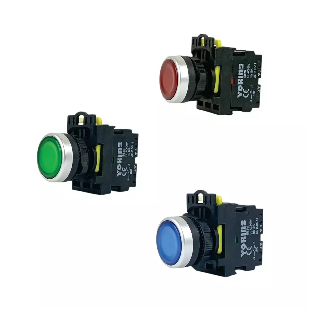 Yokins Spring Return Illuminated Push Button Switch 220 V 1NO + 1NC Contacts Mounting Hole Diameter RGB Color, EB2M-A-01D (Set of 3 Pcs)