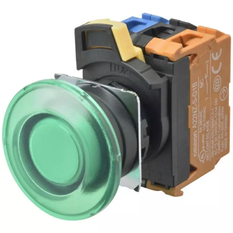Omron Momentary Type Pushbutton Switch Green 2A Φ22 mm Hole Diameter, A22NL-BMM-TGA-G101-GC