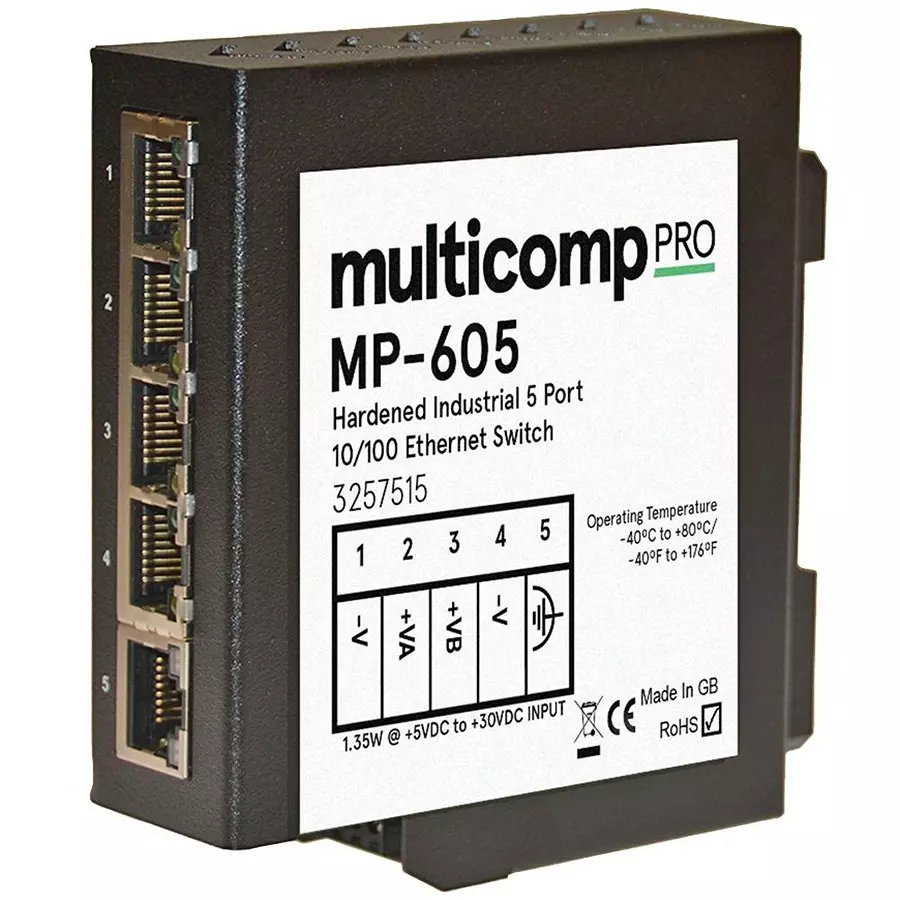 MULTICOMP PRO Ind Hardened Ethernet 5Port Switch 5 Ports No. of Unmanaged Fast Type RJ45x5 Port Types, MP-605