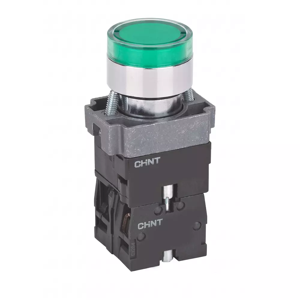 Chint NP2 Momentary Flush Pushbutton 1NO+1NC Contact Illuminated Type IP40 Green Color, 574268