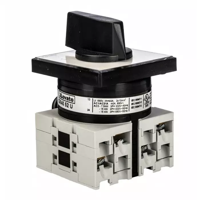 Lovato 2P 3 Position 60° Changeover Cam Switch, 40A, Short Black Handle Actuator, GX4052U