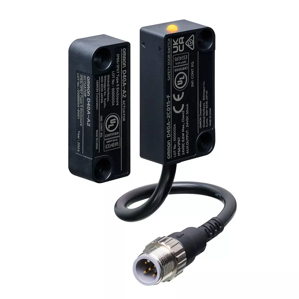 Omron Non-contact Safety Door Switch D40A-2 1 Aux Output PNP Transistors Output 24 VDC 50 mA Pigtail with 5-Pole M12 Connector, D40A7001C