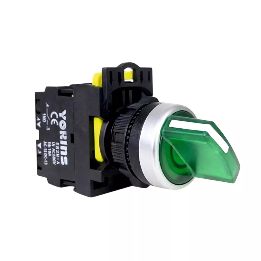 Yokins Illuminated Selector Switch 3-Way 2NO Contact 22 mm Mounting Hole Diameter 220 V Green, EB2M-A-20XD (Pack of 10 Pcs)