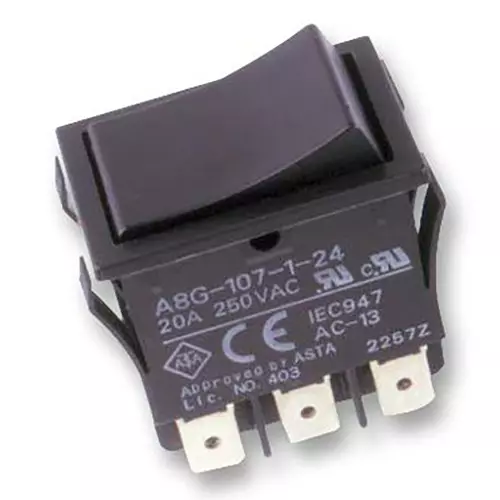 OMRON ELECTRONIC COMPONENTS SWITCH, ROCKER, DPDT, RESET, 20A, A8G-107-1-24