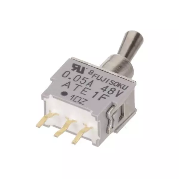 NIDEC COMPONENTS Toggle Switch Non-Illuminated Solder Pin Termination 50 mA Bat Actuator 48 V DC, ATE1F-2M3-10-Z