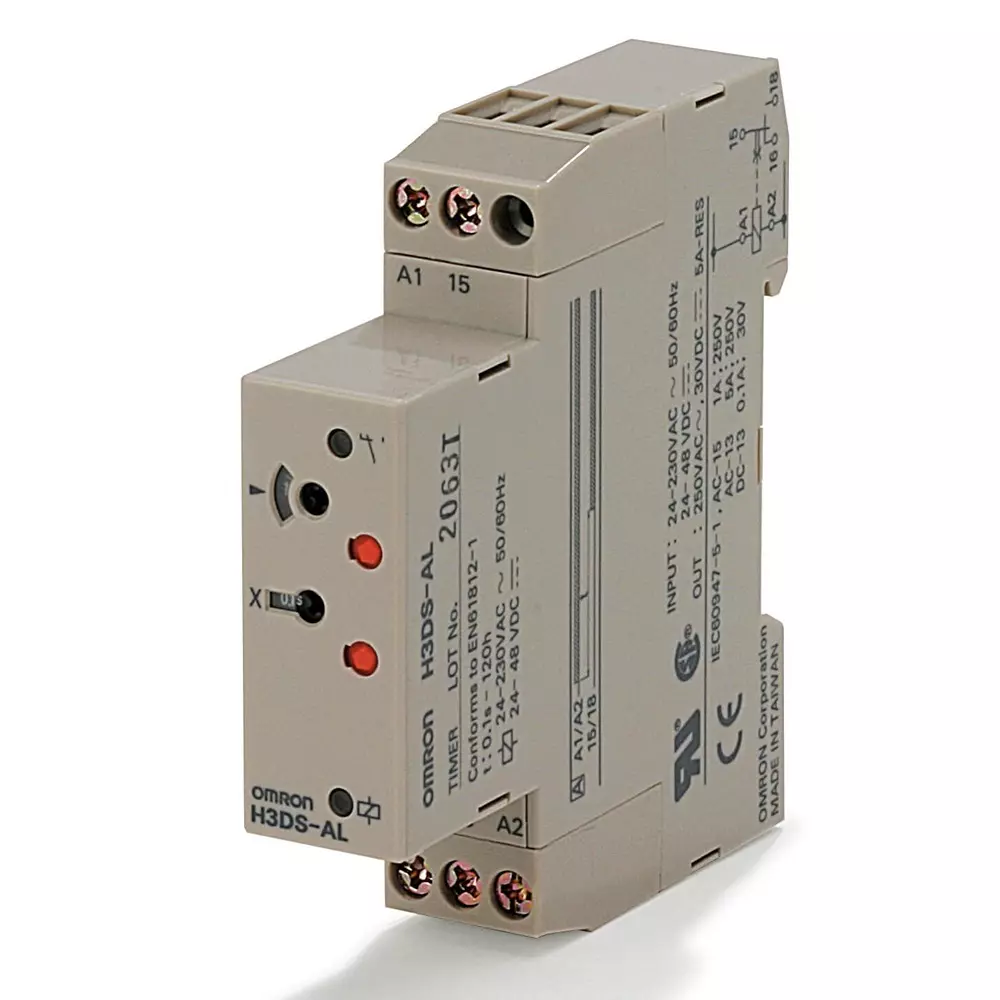 Omron Timer DIN-Rail Mounting 17.5 mm 24-230 VAC/24-48 VDC On-Delay 0.1 s-120 h SPDT 5 A 'Smart Dial' Lockable Settings Screw Terminal Type, H3DS8009D