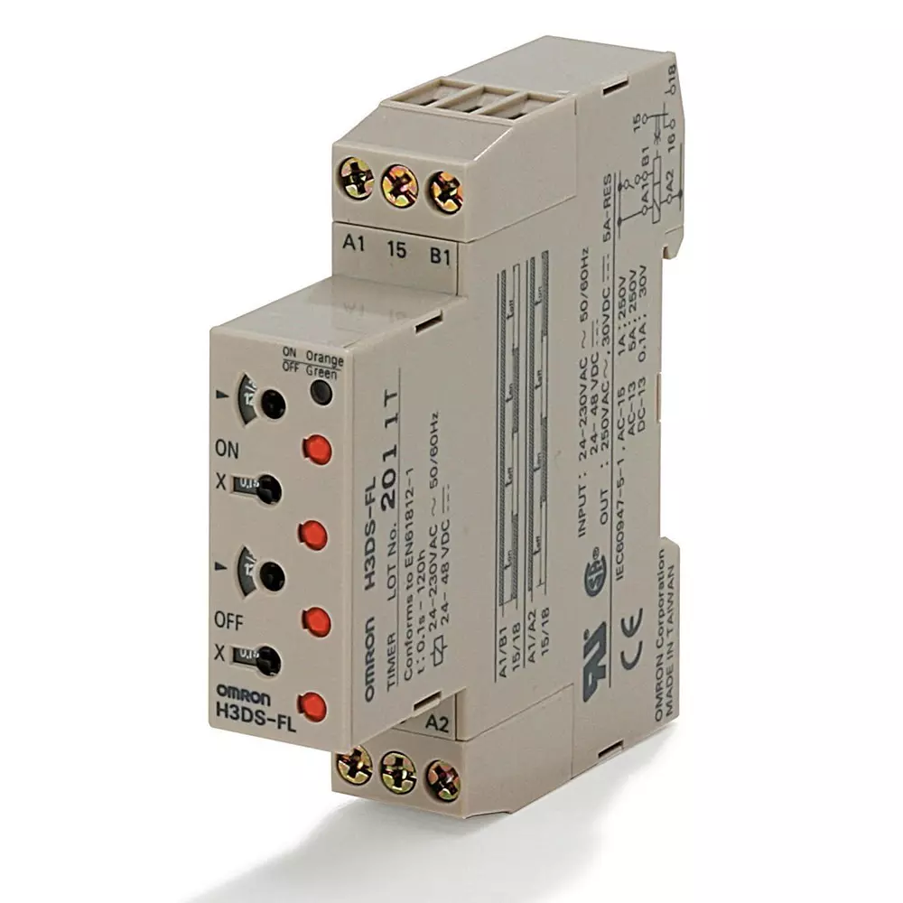 Omron Timer DIN-Rail Mounting 17.5 mm 24-230 VAC/24-48 VDC Twin On & Off-Delay 0.1 s-12 h SPDT 5 A Screw Terminal Type, H3DS8000M
