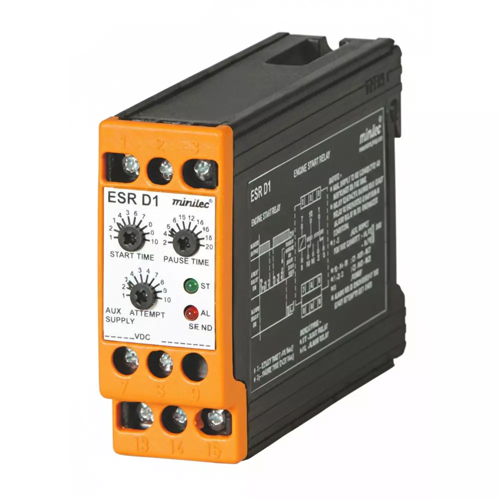 Minilec Multi Start Attempt Timer 68 mm (2.6 inch) Center to Center / 35 mm (1.37 inch) DIN rail mounting 1 CO for Start Attempts + 1 CO for Alarm 175&nbsp;g, ESR D1